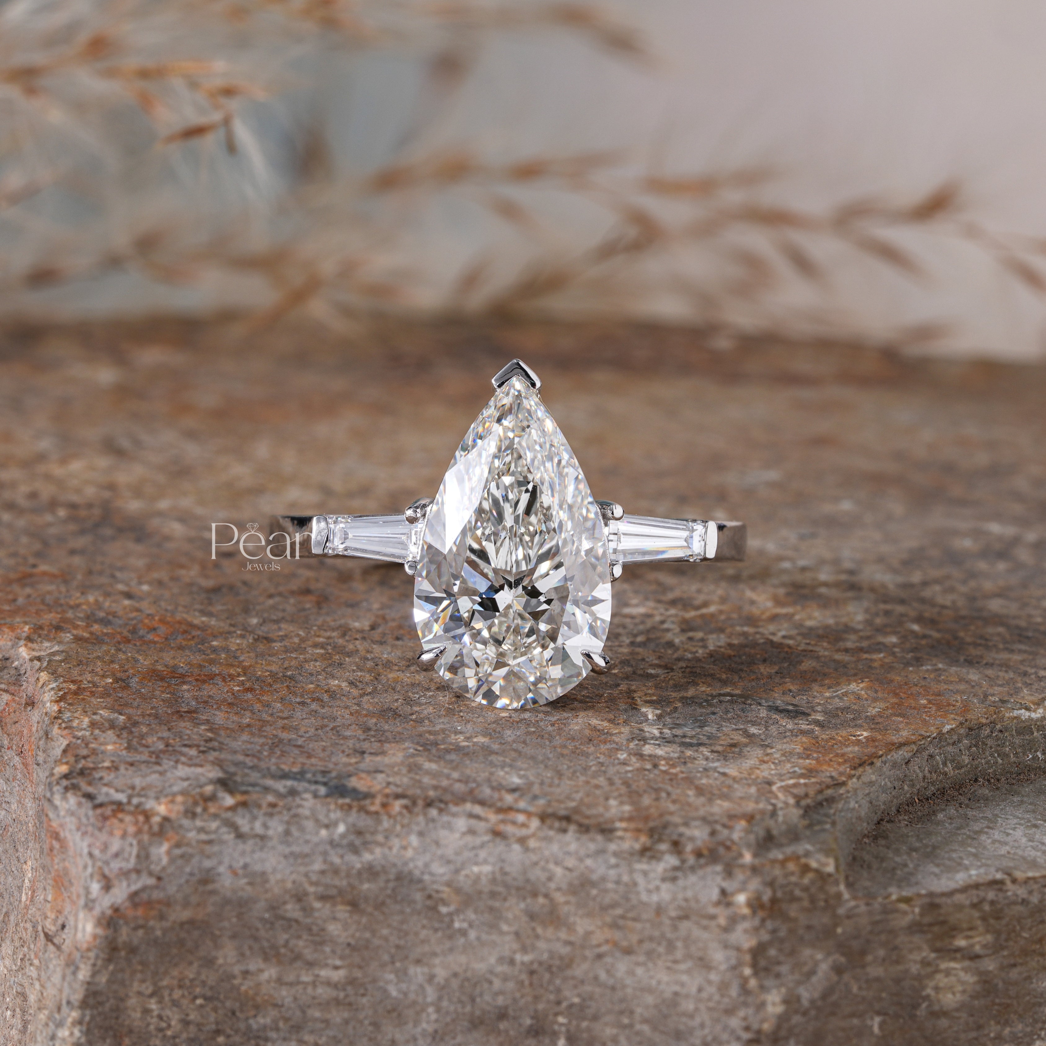 Pear Three-Stone Tapered Baguette Lab-Grown Diamond Ring - Pear Jewels